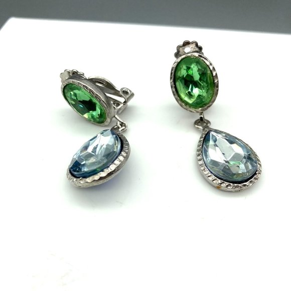 Vintage Faceted Crystals Dangle Earrings, Oval Green Drops to Pale Blue Teardrop - Picture 2 of 5